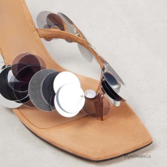 Suede Sequin Kitten Heels Strappy Thong Slide Sandals Party Mules - Picture 2 of 7